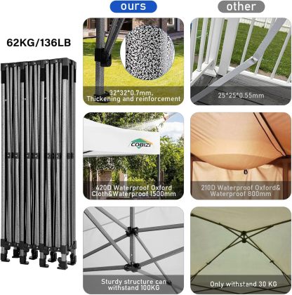 COBIZI - Toldo desplegable de 10 x 20 Pulgadas con 6 Paredes Laterales, toldo Impermeable para Eventos al Aire última intervensión, UPF 50+ cenador portátil para Fiestas, Playa, Camping, Boda,