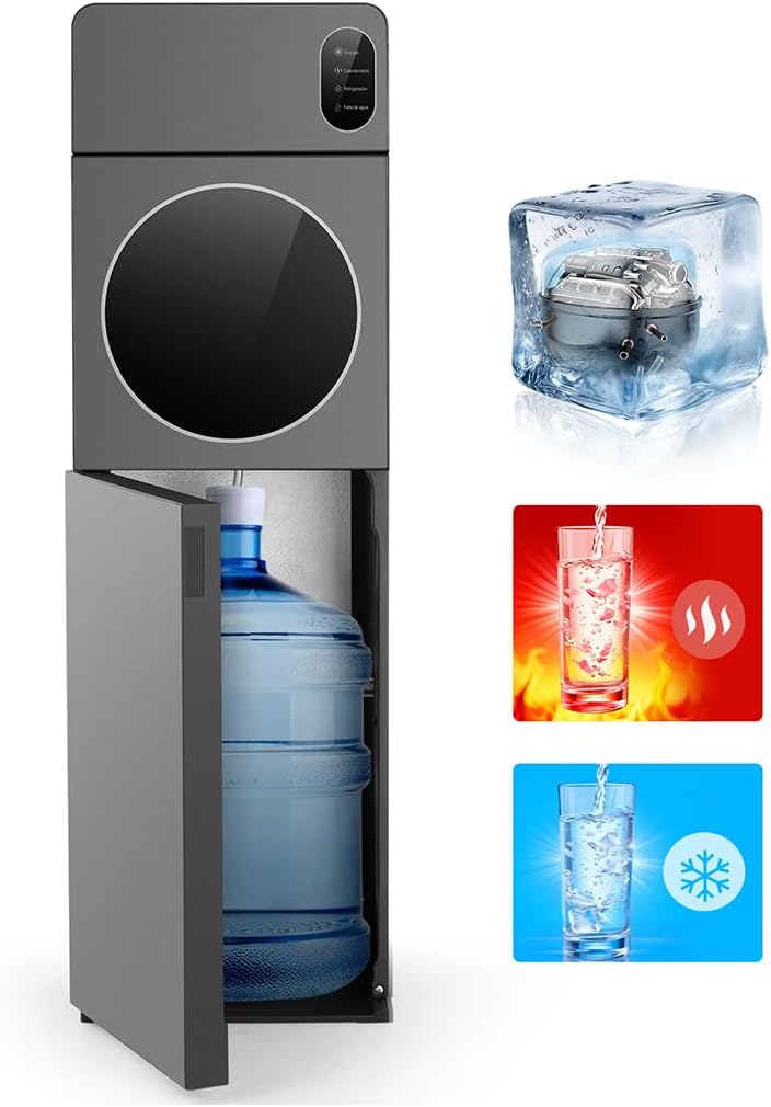 Dispensador de Agua con Garrafón Oculto, 3 Grifos Agua Helada (8°C), Fría y Caliente, Enfriador de Aguas de Acero Inoxidable, Bloqueo de Seguridad, Elegante Diseño, para Hogar Oficina Gimnasio