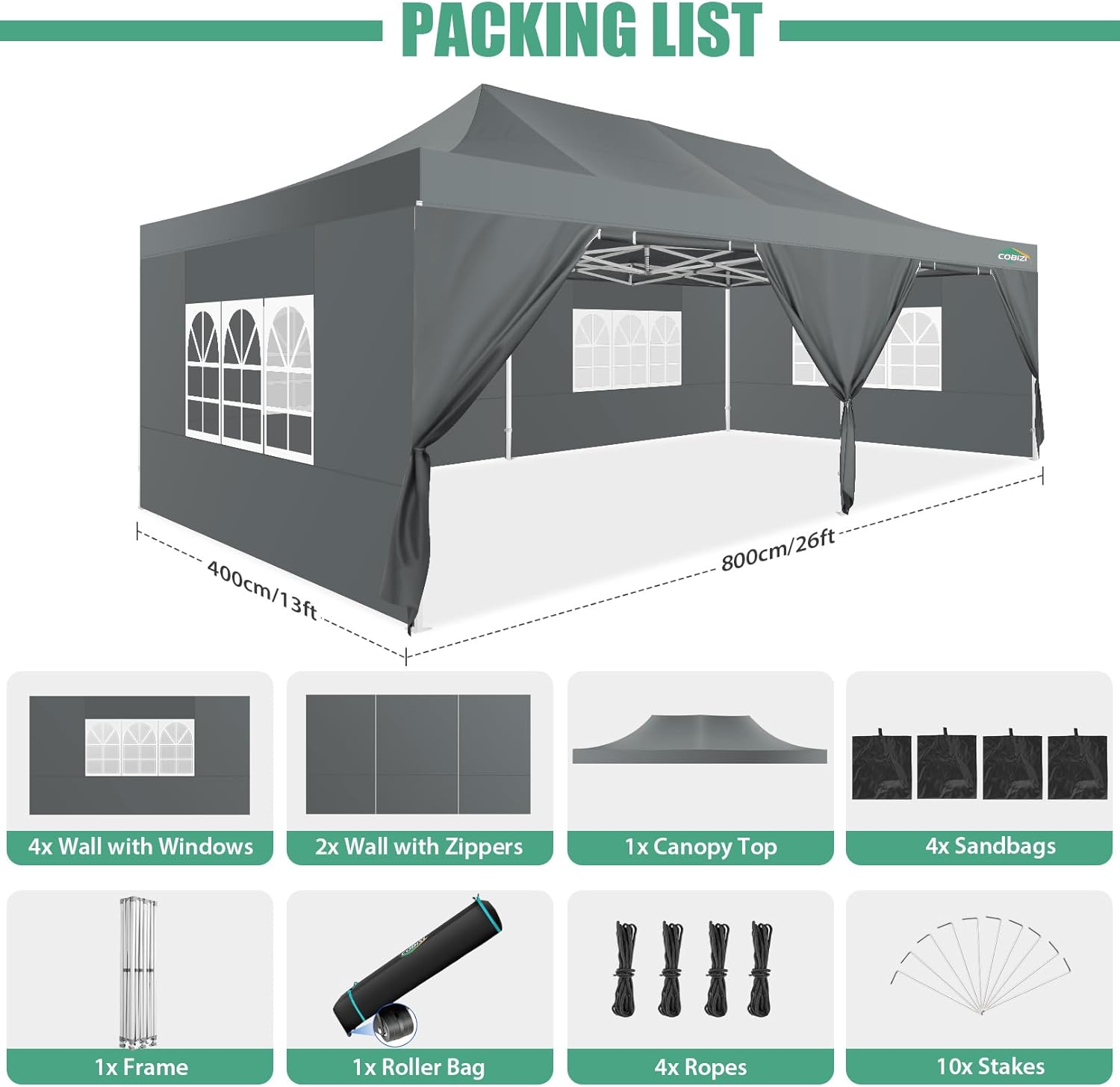 COBIZI - Toldo desplegable de 10 x 20 Pulgadas con 6 Paredes Laterales, toldo Impermeable para Eventos al Aire última intervensión, UPF 50+ cenador portátil para Fiestas, Playa, Camping, Boda,