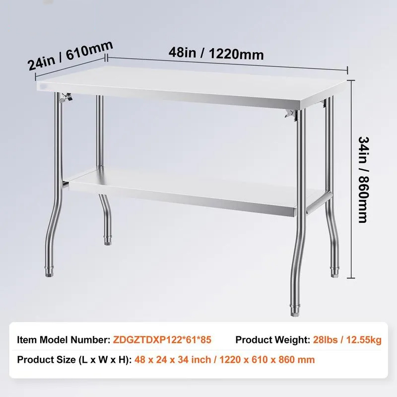 Mesa de preparación comercial plegable, estación de trabajo comercial de 48 x 24 pulgadas con estante inferior, mesa plegable de acero inoxidable resistente con carga de 300 libras.