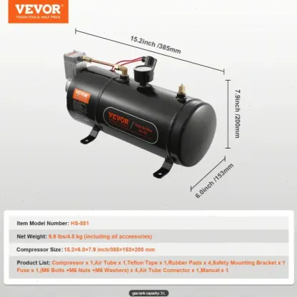 Kit de bocinas de tren VEVOR: varias especificaciones, kit de bocina de aire de 4 trompetas, bocinas de tren de 150 dB para camionetas, compresor de aire de 12 V y 120 psi, tanque con manómetro para cualquier vehículo de 12 V (automóvil, cami