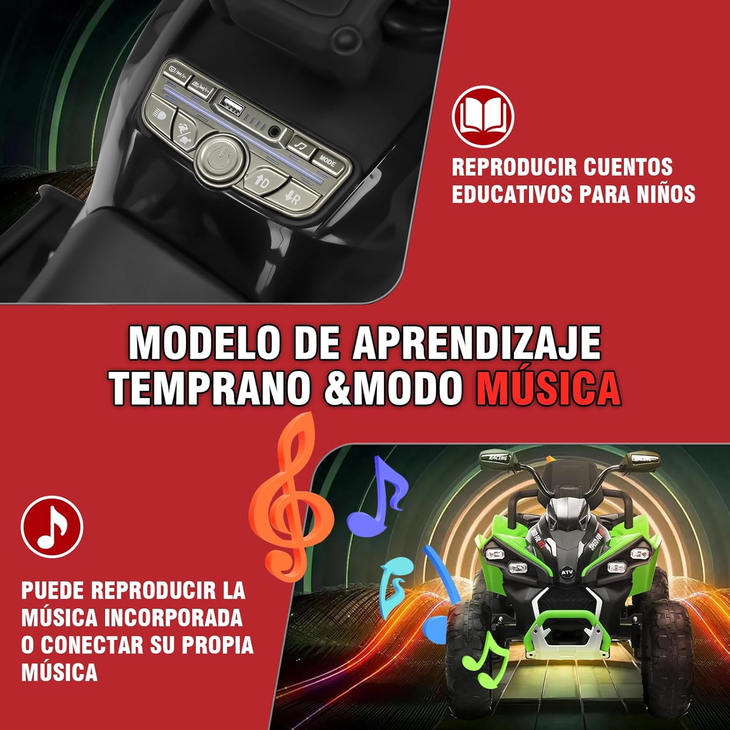 HONEYWHALE 1206 Carro Electrico Niño Montable con Control Remoto, Cuatrimoto Moto electrica para Niños con Bluetooth, Coche Eléctrico con Luz Led y Musica, Autonomía 70Minutos, Velocidad Máxima 6KM/H