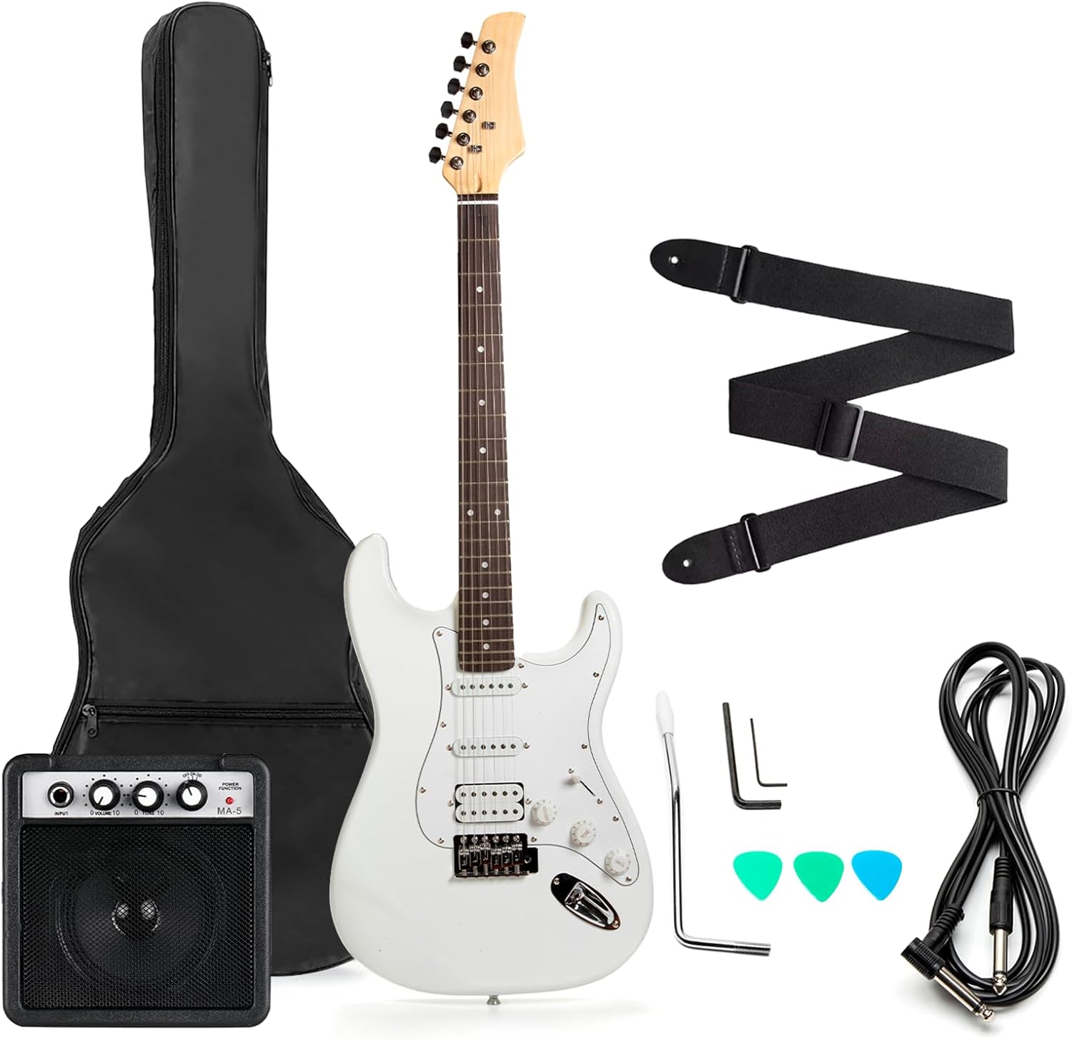 FEMMTO Guitarra Eléctrica con Amplificador 5w + Bolso + Puas (Blanco)