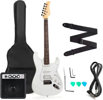 FEMMTO Guitarra Eléctrica con Amplificador 5w + Bolso + Puas (Blanco)