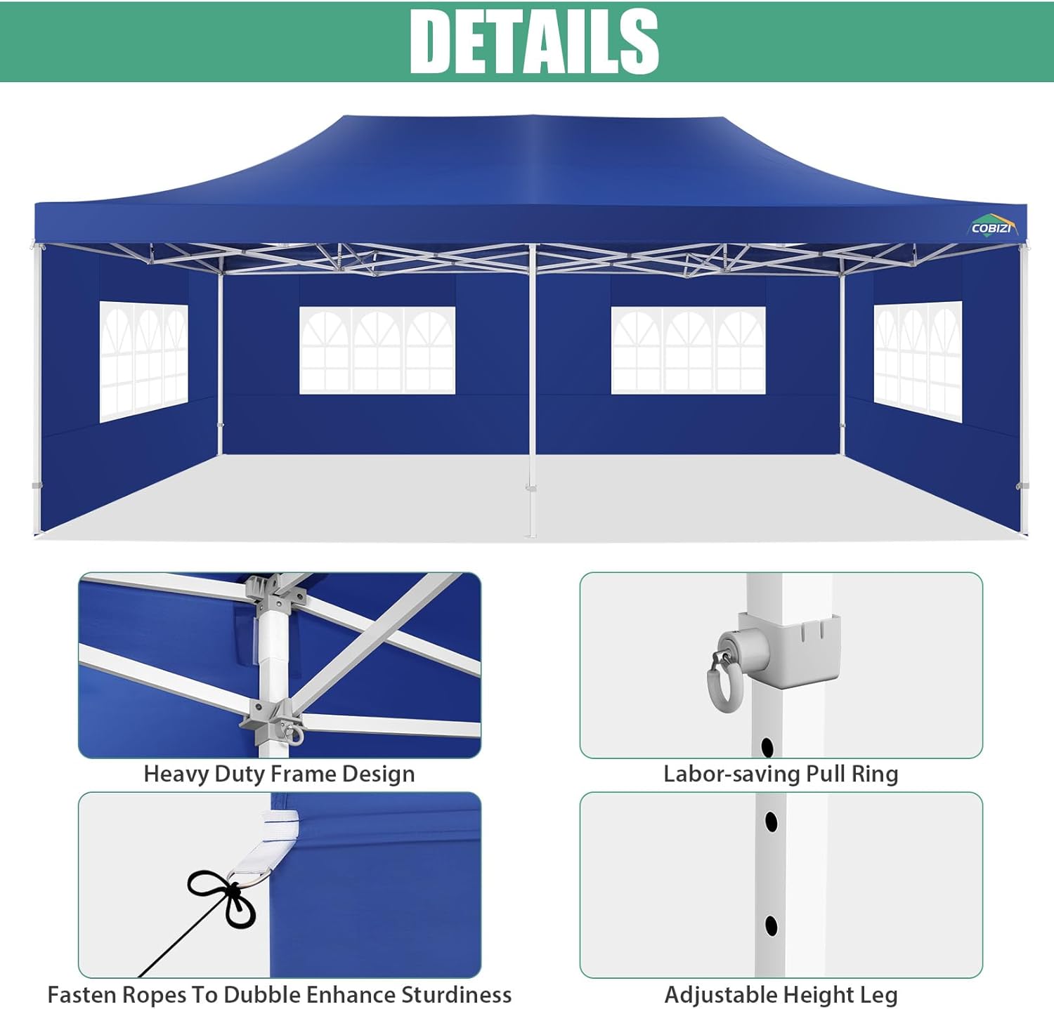 COBIZI - Toldo desplegable de 10 x 20 Pulgadas con 6 Paredes Laterales, toldo Impermeable para Eventos al Aire última intervensión, UPF 50+ cenador portátil para Fiestas, Playa, Camping, Boda,