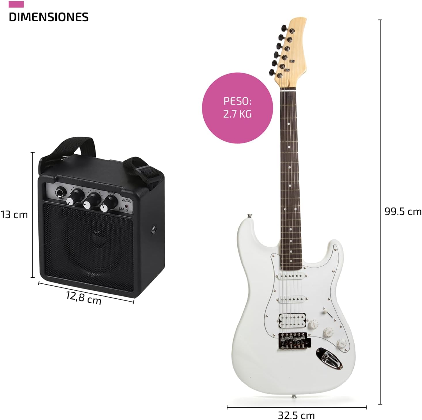 FEMMTO Guitarra Eléctrica con Amplificador 5w + Bolso + Puas (Blanco)