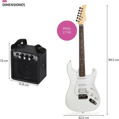 FEMMTO Guitarra Eléctrica con Amplificador 5w + Bolso + Puas (Blanco)
