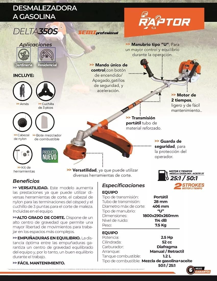 Desmalezadora RAPTOR Delta350, Motor Gasolina 2 Tiempos 52cc 2.5 HP, Tubo Plegable, Cabezal, Cuchilla, Arnés, Negro