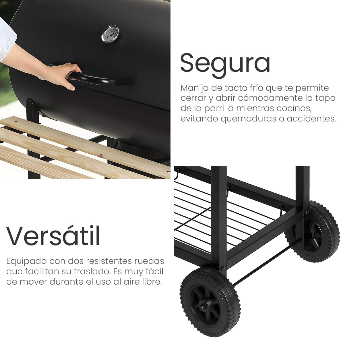 Raganet, Parrilla Asador de Carbón con Cenicero, Termómetro, Ruedas, Amplia Superficie de Cocción y Material Resistente, Ideal para Jardín y Terraza