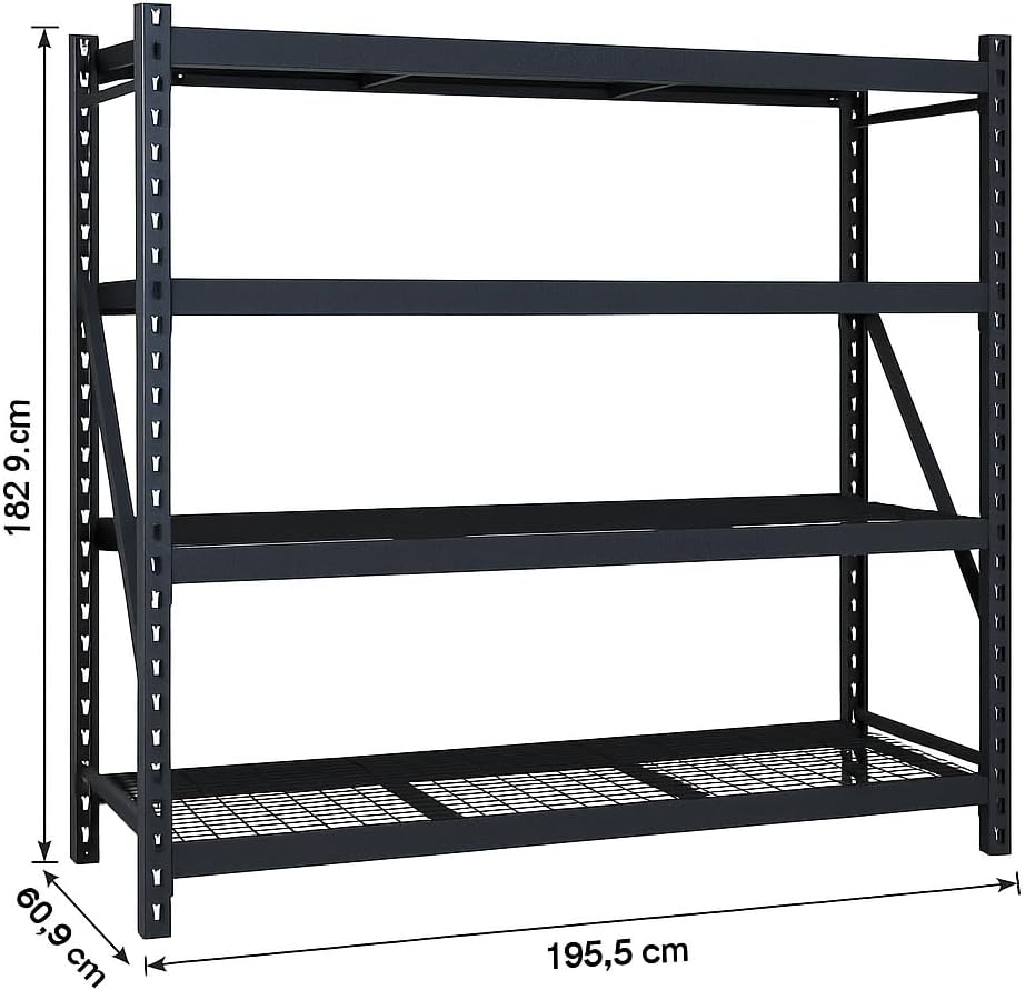 Estante Industrial de Acero Reforzado, 4 Niveles, Negro, 195.5 x 60.9 x 182 cm, Capacidad 1100 kg por Nivel, 4 Toneladas