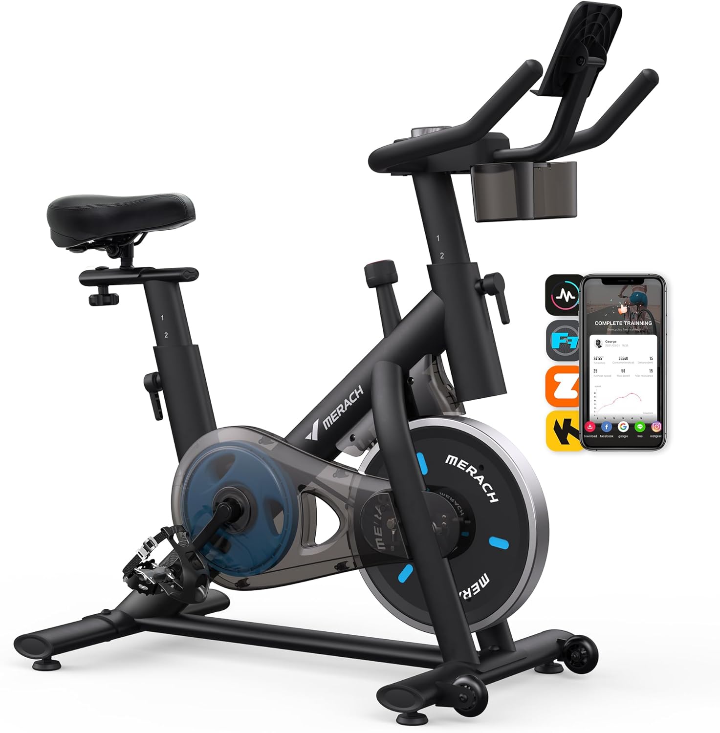 MERACH - Bicicleta de ejercicio, almohadilla de freno/bicicleta estática magnética con aplicación exclusiva, bicicleta de ciclismo interior de bajo ruido con capacidad de peso de 270 libras, estante