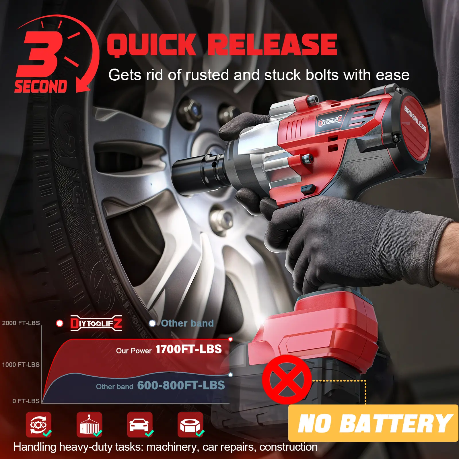 Llave de impacto inalámbrica de 1700 ft-lbs (2300 N·m) y 1/2", compatible con baterías Milwaukee de 18 V; pistola de impacto sin escobillas con 4 modos y luz LED, ideal para automóviles y camiones.