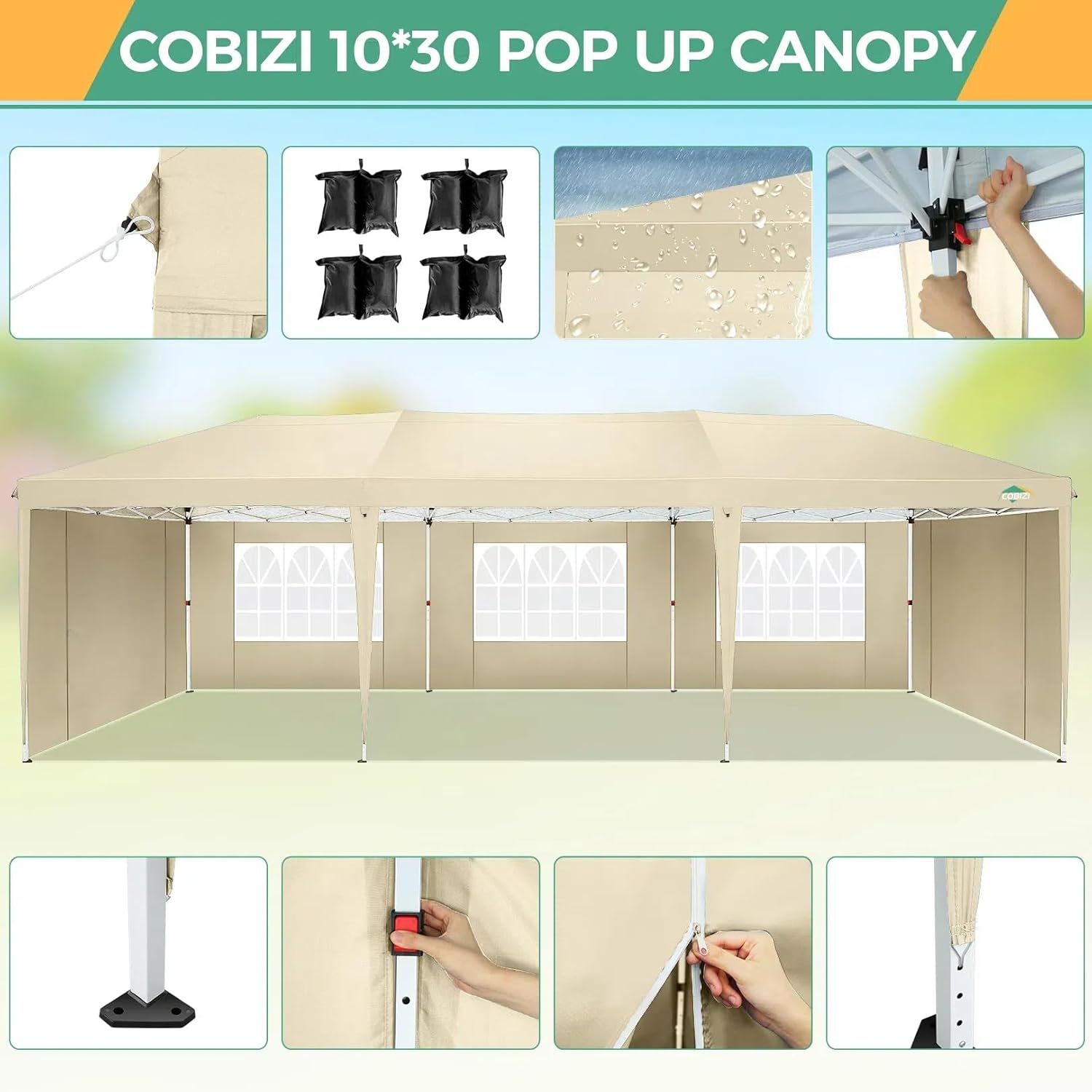 COBIZI - Toldo desplegable de 10 x 20 Pulgadas con 6 Paredes Laterales, toldo Impermeable para Eventos al Aire última intervensión, UPF 50+ cenador portátil para Fiestas, Playa, Camping, Boda,