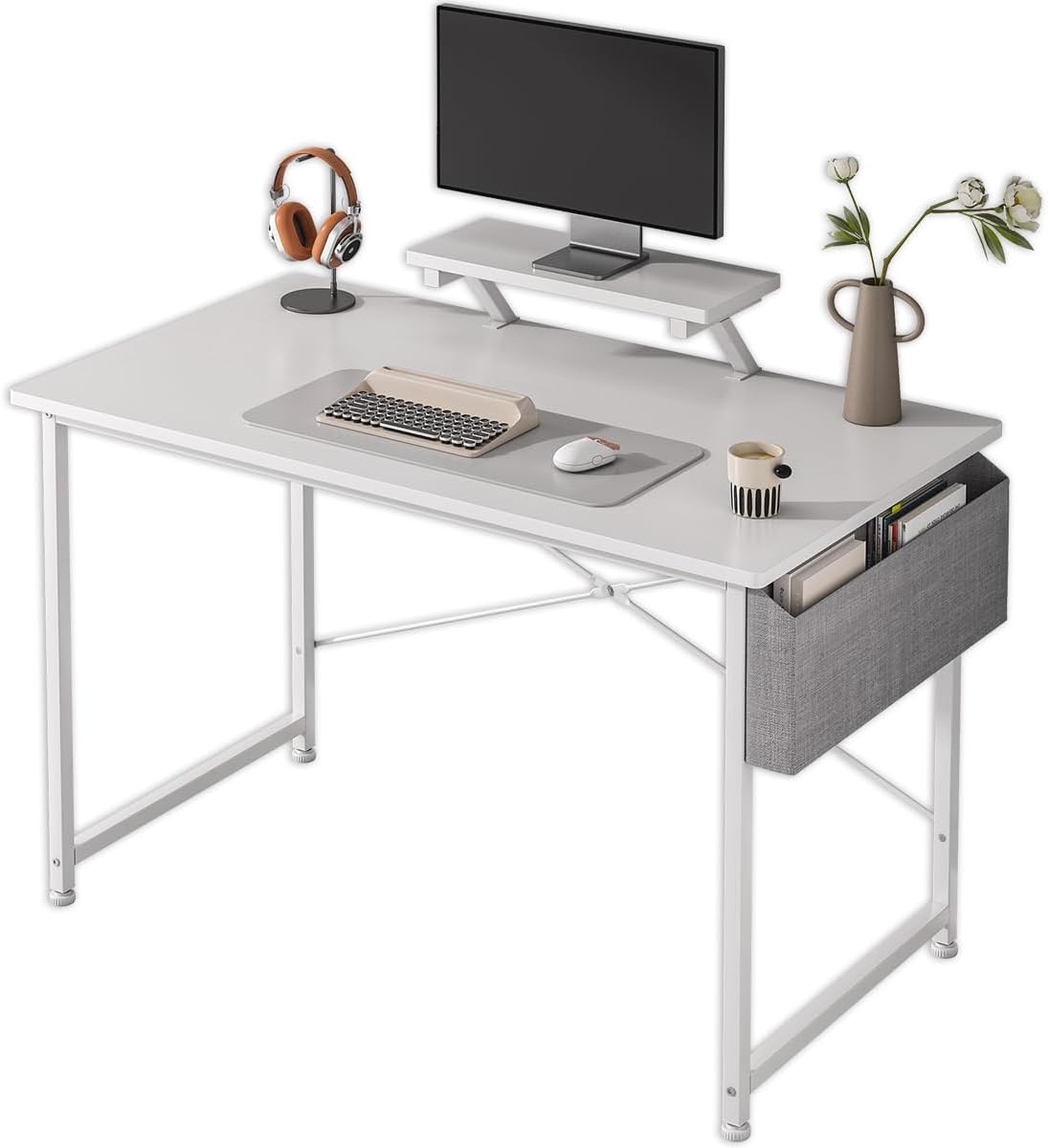 Escritorio Pequeño para Computadora Moderno, Tocador Furniture con Bolsa de Almacenamiento, Viene con Soporte de Escritorio 110 X 50 X 75 CM (Blanco)