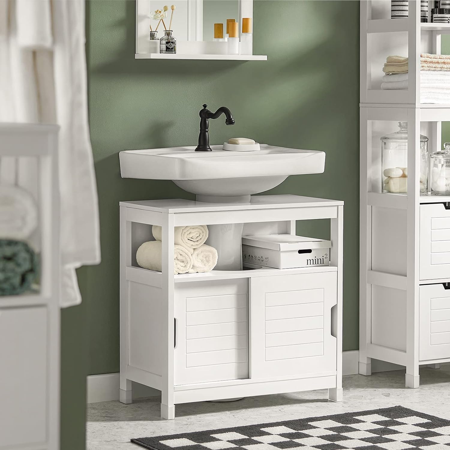 SoBuy Armario para Lavabo Mueble de Baño Debajo del Lavabo con 2 Puertas Armario de Suelo Lavabo para Baño con Mueble(Blanco FRG128-II-W)