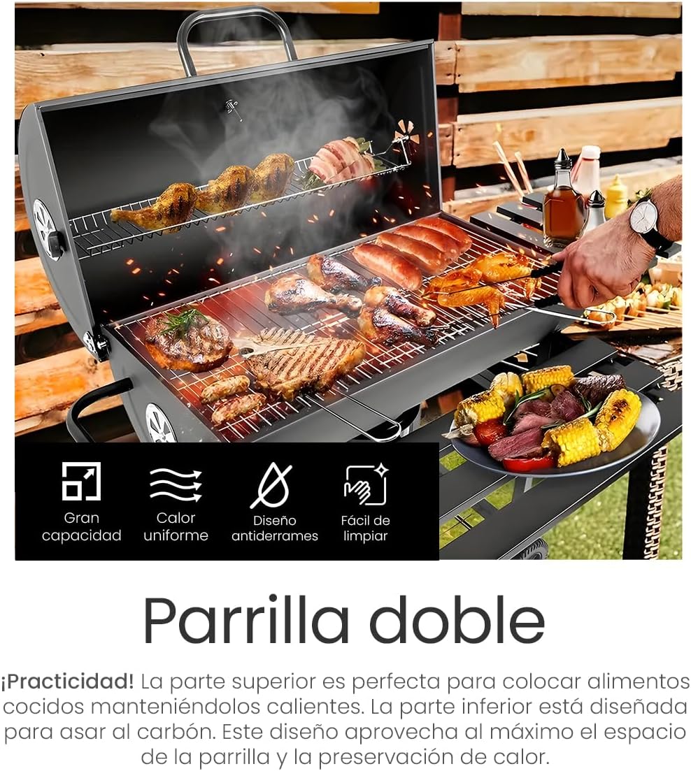 Raganet, Parrilla Asador de Carbón con Cenicero, Termómetro, Ruedas, Amplia Superficie de Cocción y Material Resistente, Ideal para Jardín y Terraza