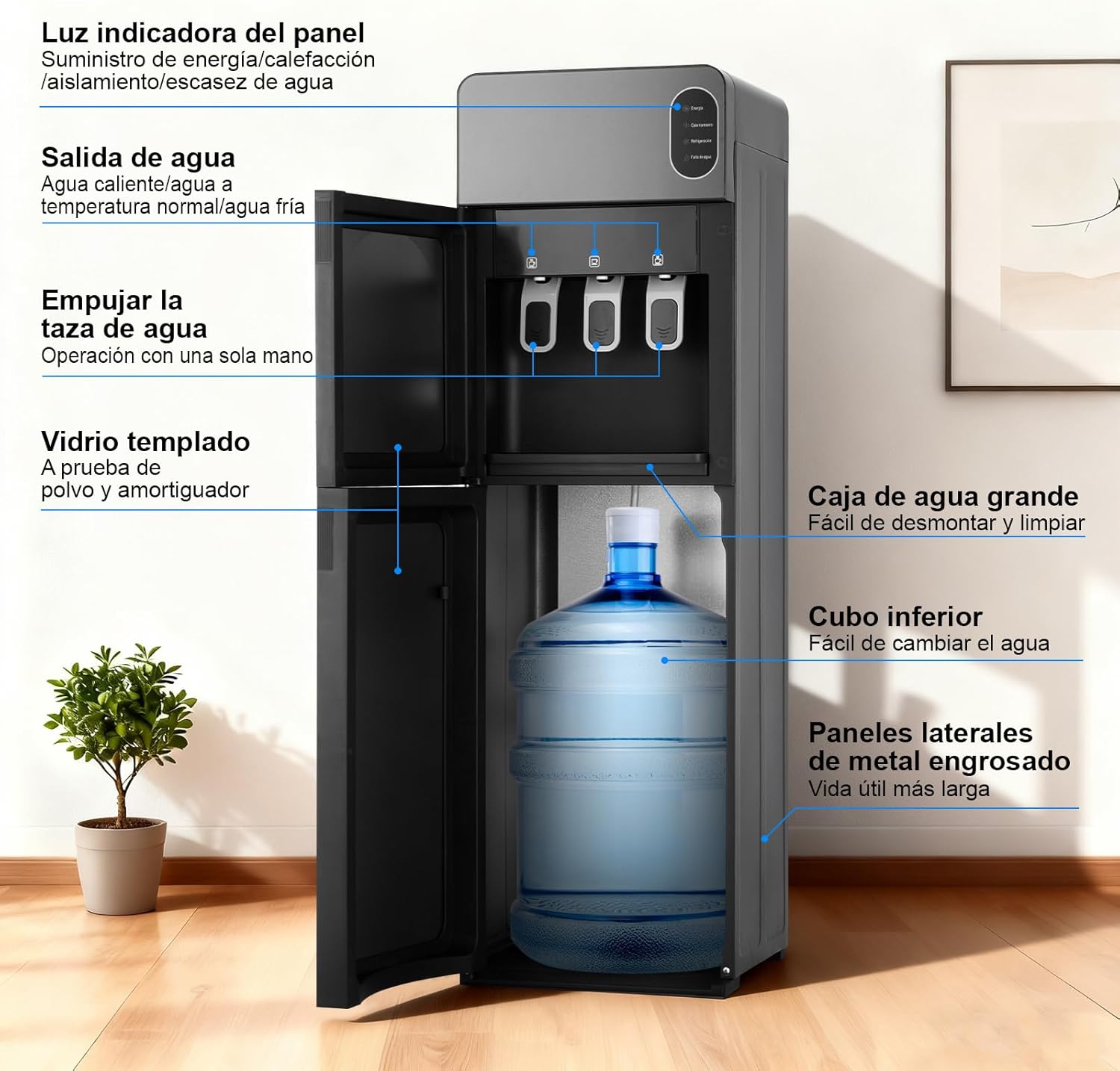 Dispensador de Agua con Garrafón Oculto, 3 Grifos Agua Helada (8°C), Fría y Caliente, Enfriador de Aguas de Acero Inoxidable, Bloqueo de Seguridad, Elegante Diseño, para Hogar Oficina Gimnasio