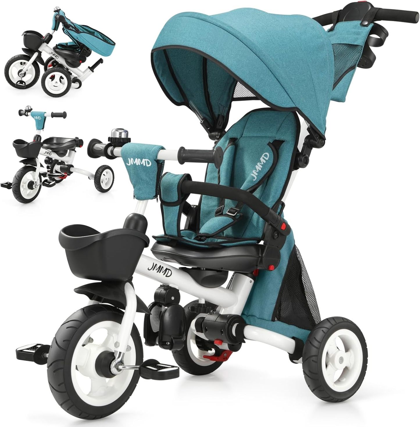 👨‍👩‍👧☀️JMMD Triciclo para bebé, 7 en 1 plegable para niños con mango ajustable para padres, arnés de seguridad y frenos de rueda, toldo extraíble, almacenamiento, carriola de bebé, regalo para niños pequeños de 18 meses a 5 años (verde)