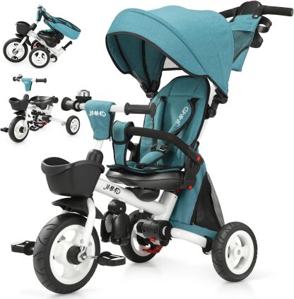 👨‍👩‍👧☀️JMMD Triciclo para bebé, 7 en 1 plegable para niños con mango ajustable para padres, arnés de seguridad y frenos de rueda, toldo extraíble, almacenamiento, carriola de bebé, regalo para niños pequeños de 18 meses a 5 años (verde)
