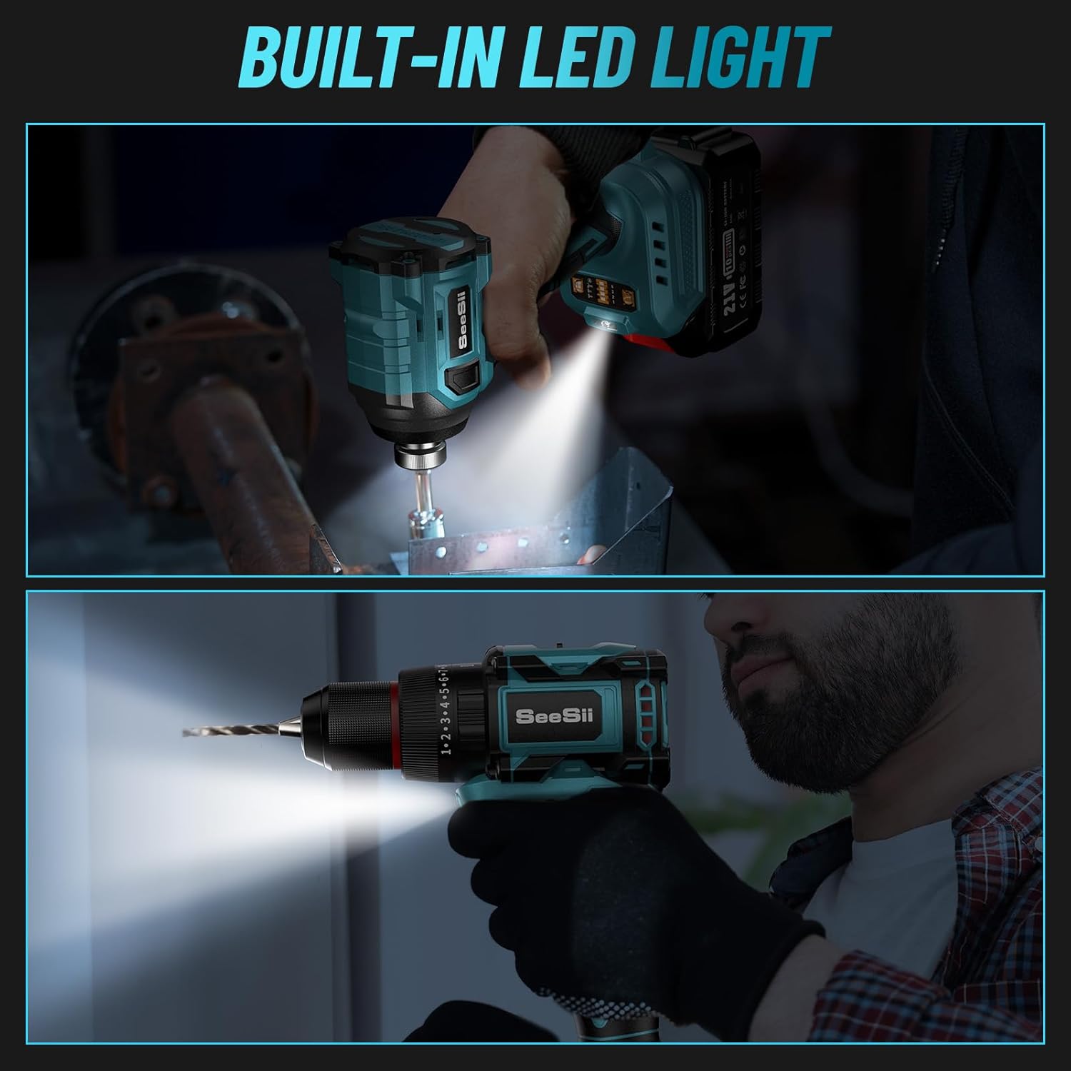SEESII - Taladro inalámbrico y destornillador de impacto de 21 V máximo, kit combinado de herramientas eléctricas incluido taladro de 3/8 pulgadas y driver de impacto de 1/4 pulgadas, 2 baterías de