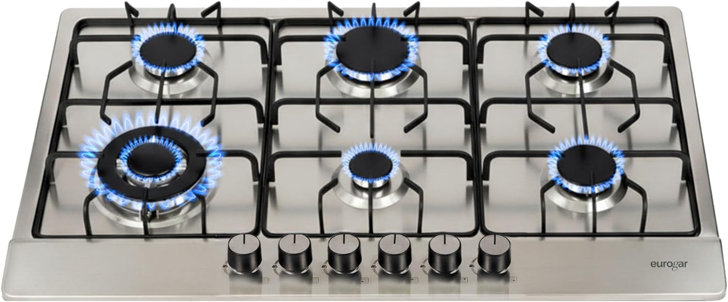 EUROGAR Parrilla de Gas Empotrable 5 Quemadores, Acero inoxidable 76 cm, Uso para LP o Natural, Encendido Electrónico, Soportes de Hierro Fundido | EU5AI