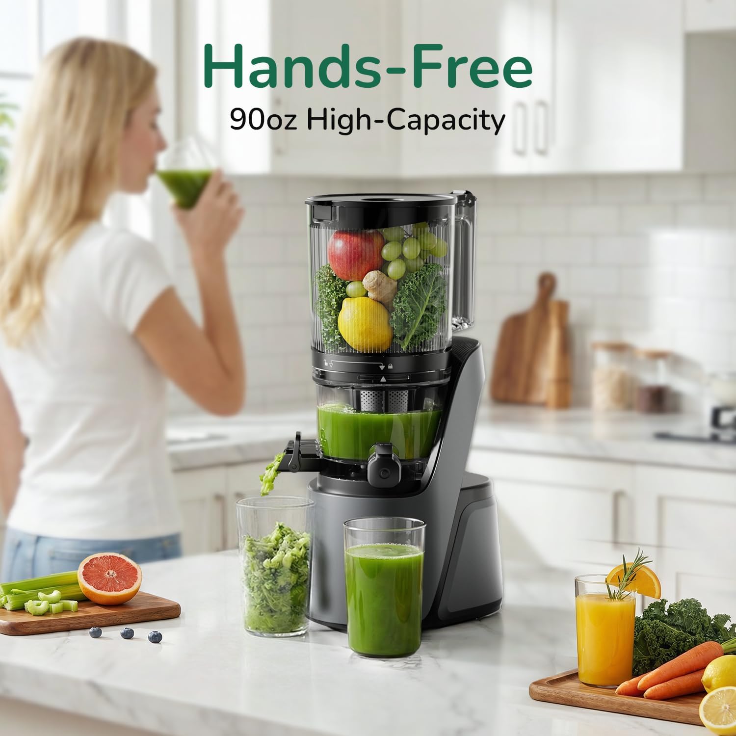 Canoly C16 Exprimidor de prensa en frío, canal de alimentación extra ancho de 6 pulgadas, coladores 3 en 1 (jugo y sorbete y leche de nuez), potente motor AC sin escobillas, sistema autoprecortado