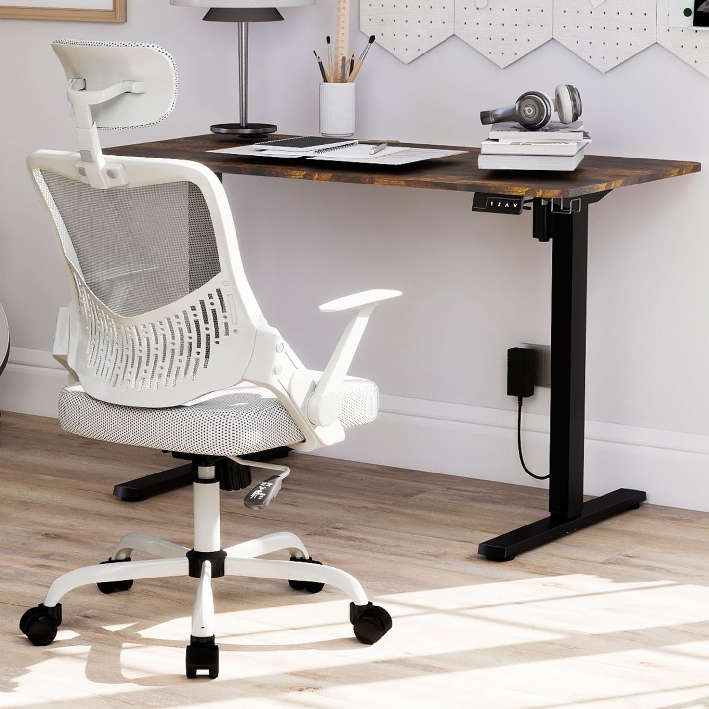 FurnitureR Silla Oficina Ergonómica con Reposacabezas, Silla Escritorio Malla Resistente con Soporte Lumbar, Silla Computadora con Base Metal, Asiento y Reposacabezas Ajustables Gris