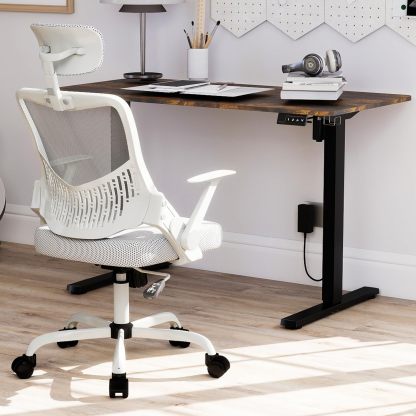 FurnitureR Silla Oficina Ergonómica con Reposacabezas, Silla Escritorio Malla Resistente con Soporte Lumbar, Silla Computadora con Base Metal, Asiento y Reposacabezas Ajustables Gris