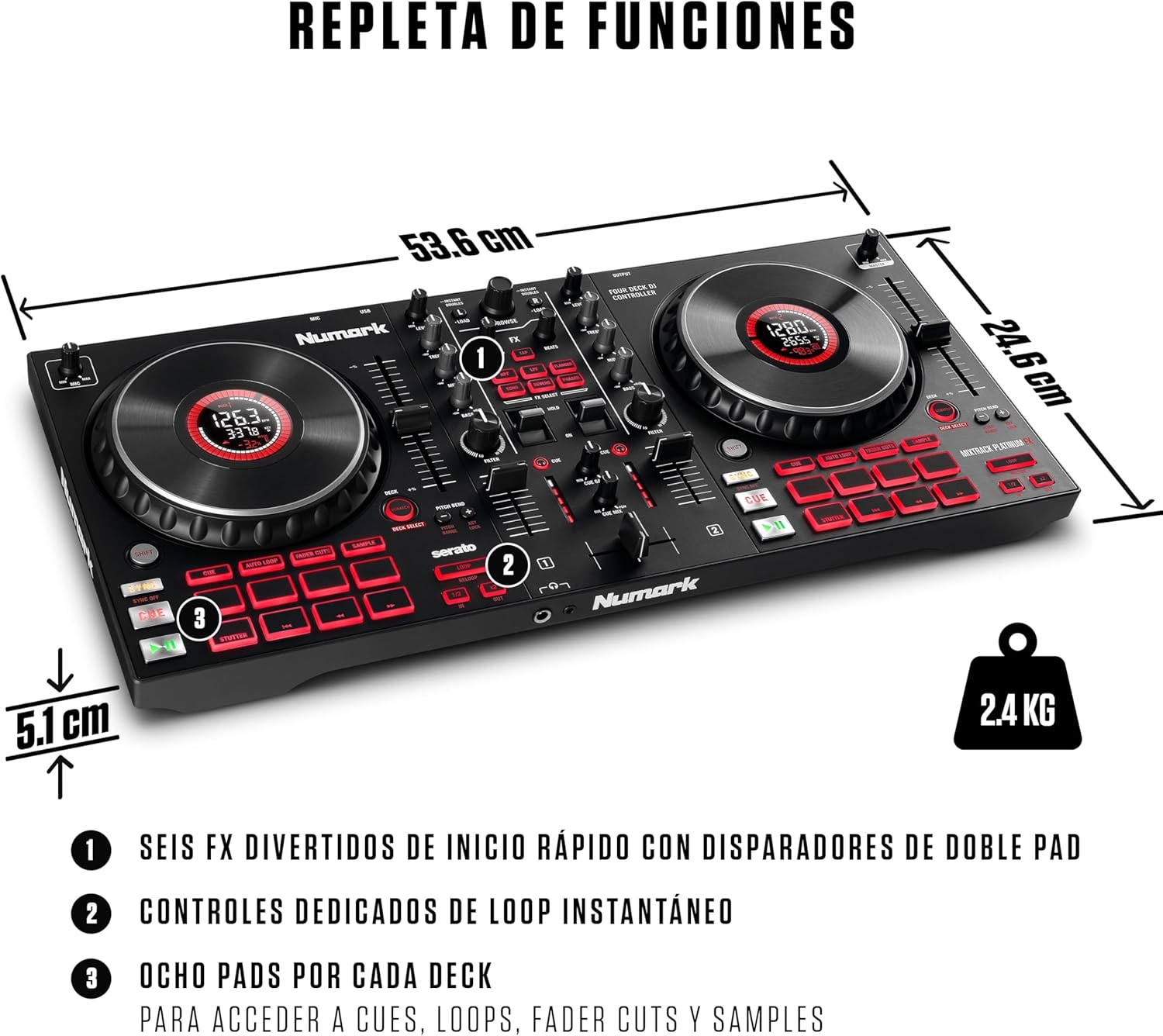 Numark Mixtrack Platinum FX Controlador DJ Para Serato DJ Con Control de 4 Secciones, Mezclador DJ, Interfaz de Audio Incorporada, Pantallas en Las Ruedas de Selección y Paletas de Efectos