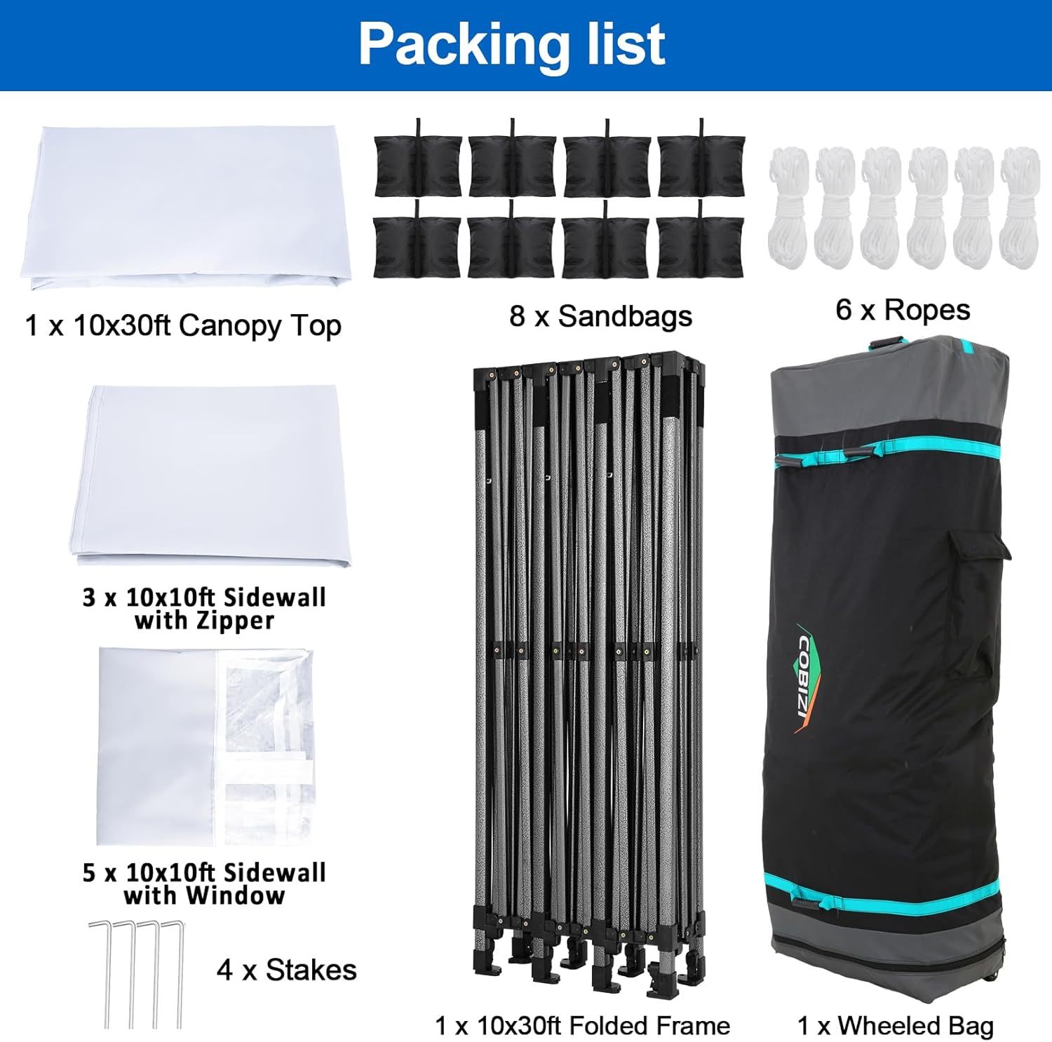 COBIZI - Toldo desplegable de 10 x 20 Pulgadas con 6 Paredes Laterales, toldo Impermeable para Eventos al Aire última intervensión, UPF 50+ cenador portátil para Fiestas, Playa, Camping, Boda,