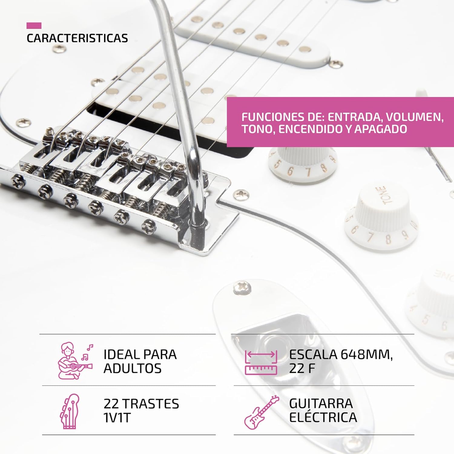 FEMMTO Guitarra Eléctrica con Amplificador 5w + Bolso + Puas (Blanco)