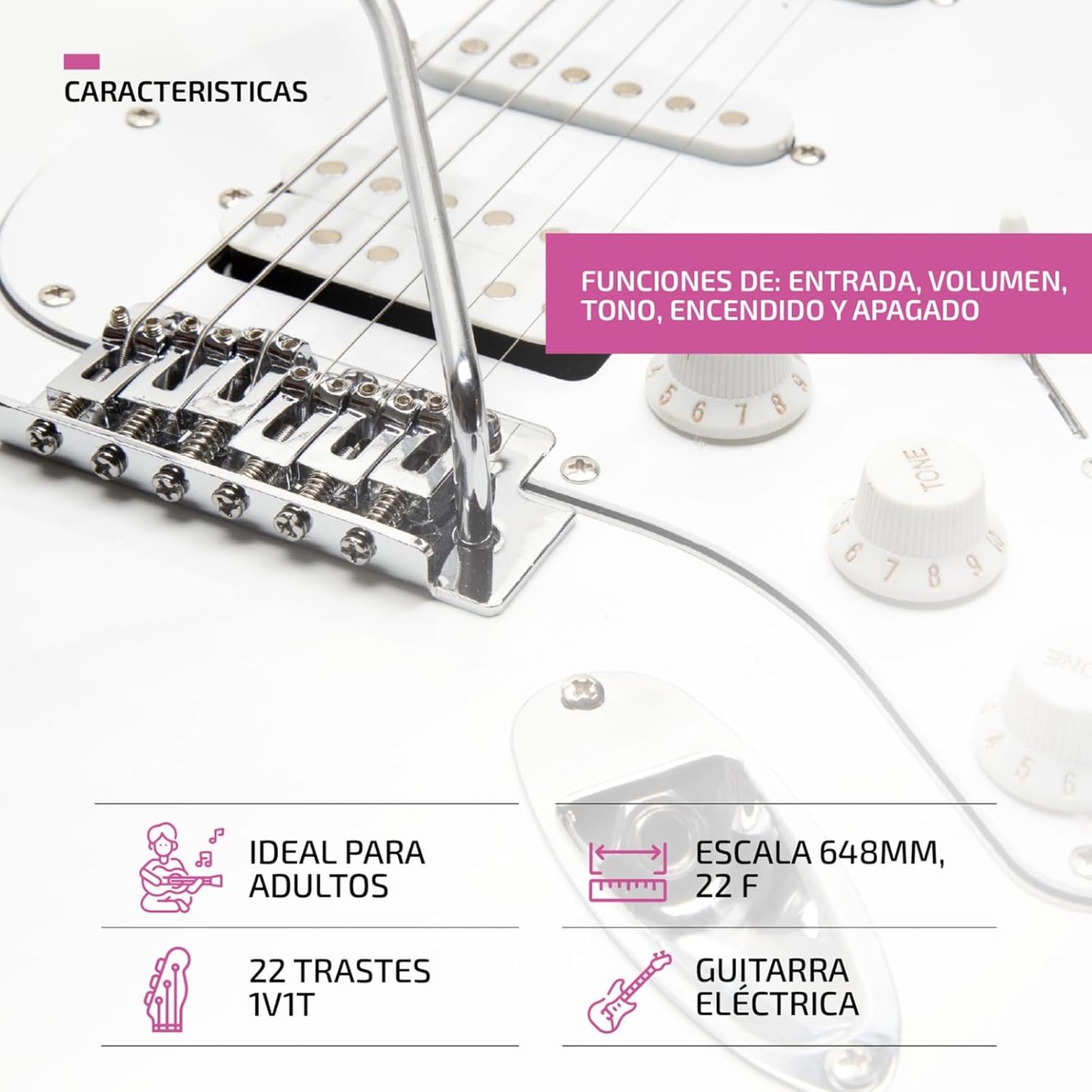 FEMMTO Guitarra Eléctrica con Amplificador 5w + Bolso + Puas (Blanco)