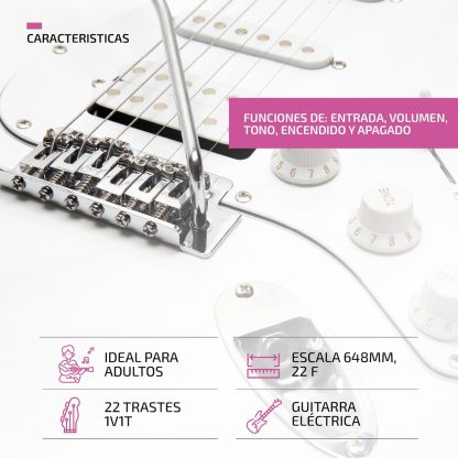 FEMMTO Guitarra Eléctrica con Amplificador 5w + Bolso + Puas (Blanco)