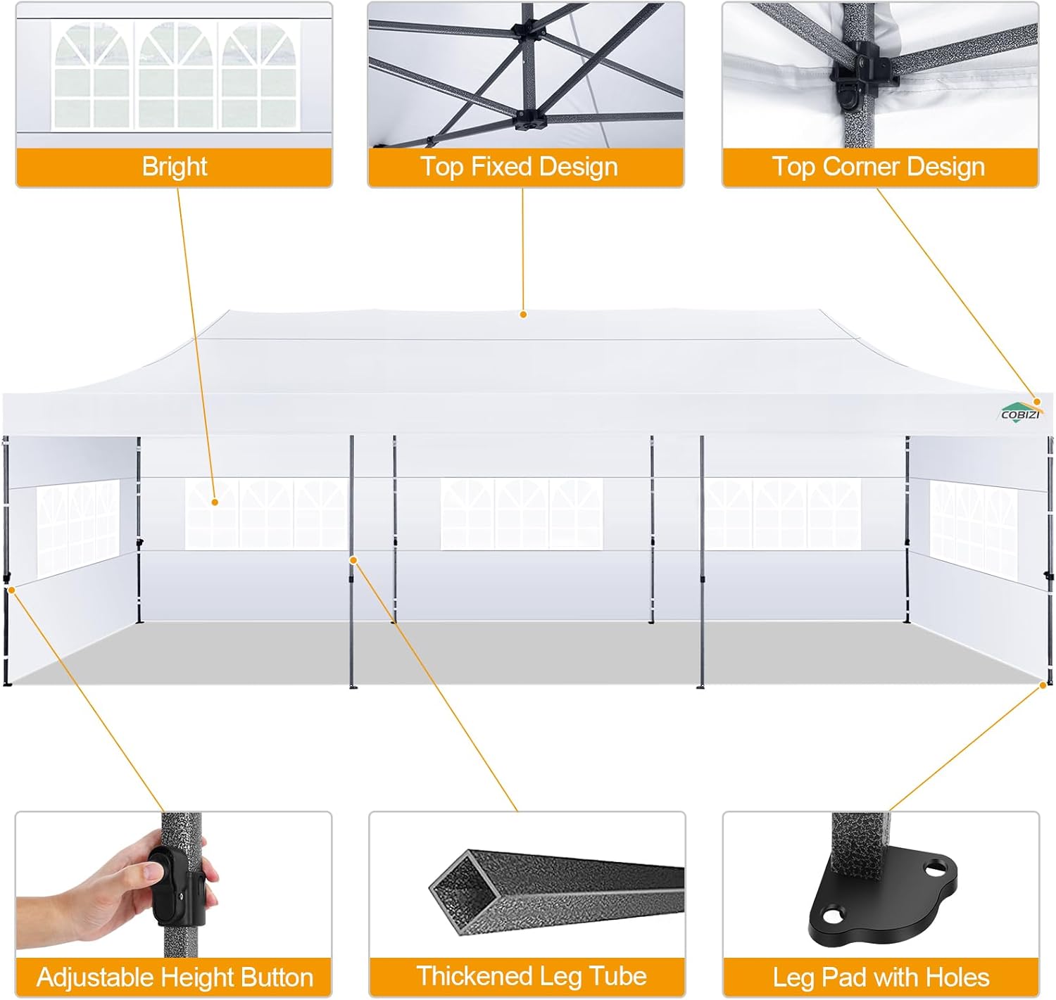 COBIZI - Toldo desplegable de 10 x 20 Pulgadas con 6 Paredes Laterales, toldo Impermeable para Eventos al Aire última intervensión, UPF 50+ cenador portátil para Fiestas, Playa, Camping, Boda,