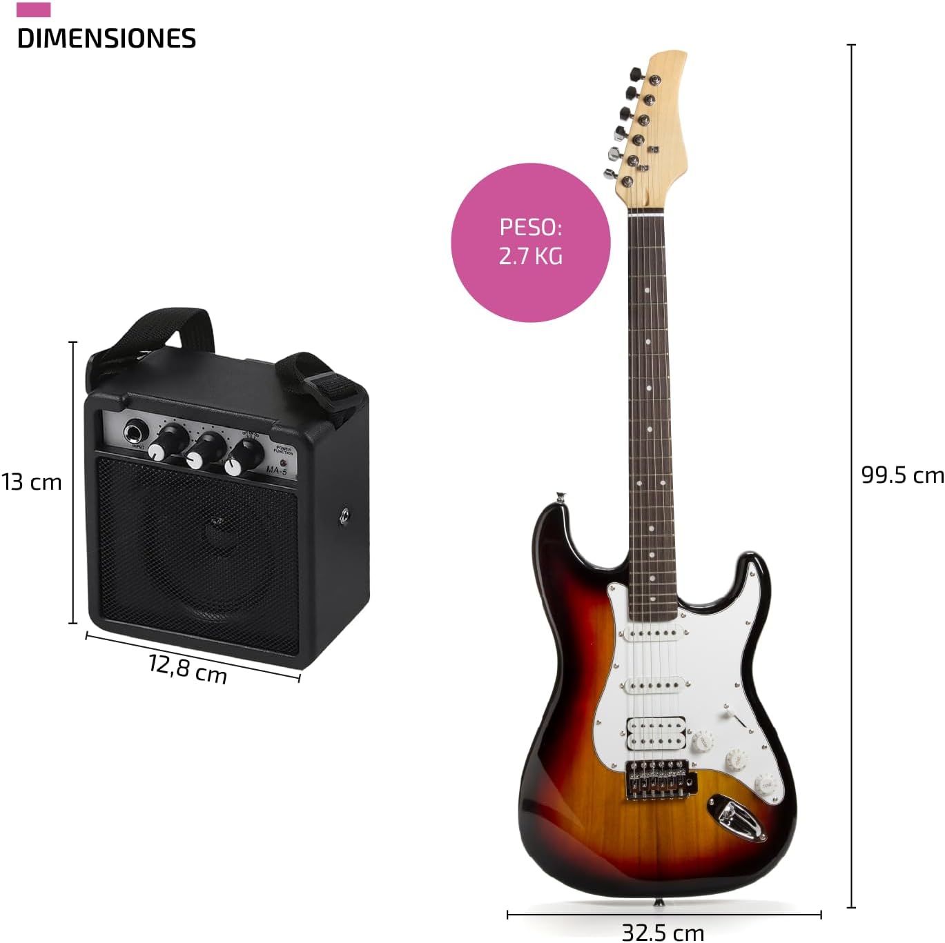FEMMTO Guitarra Eléctrica con Amplificador 5w + Bolso + Puas (Blanco)