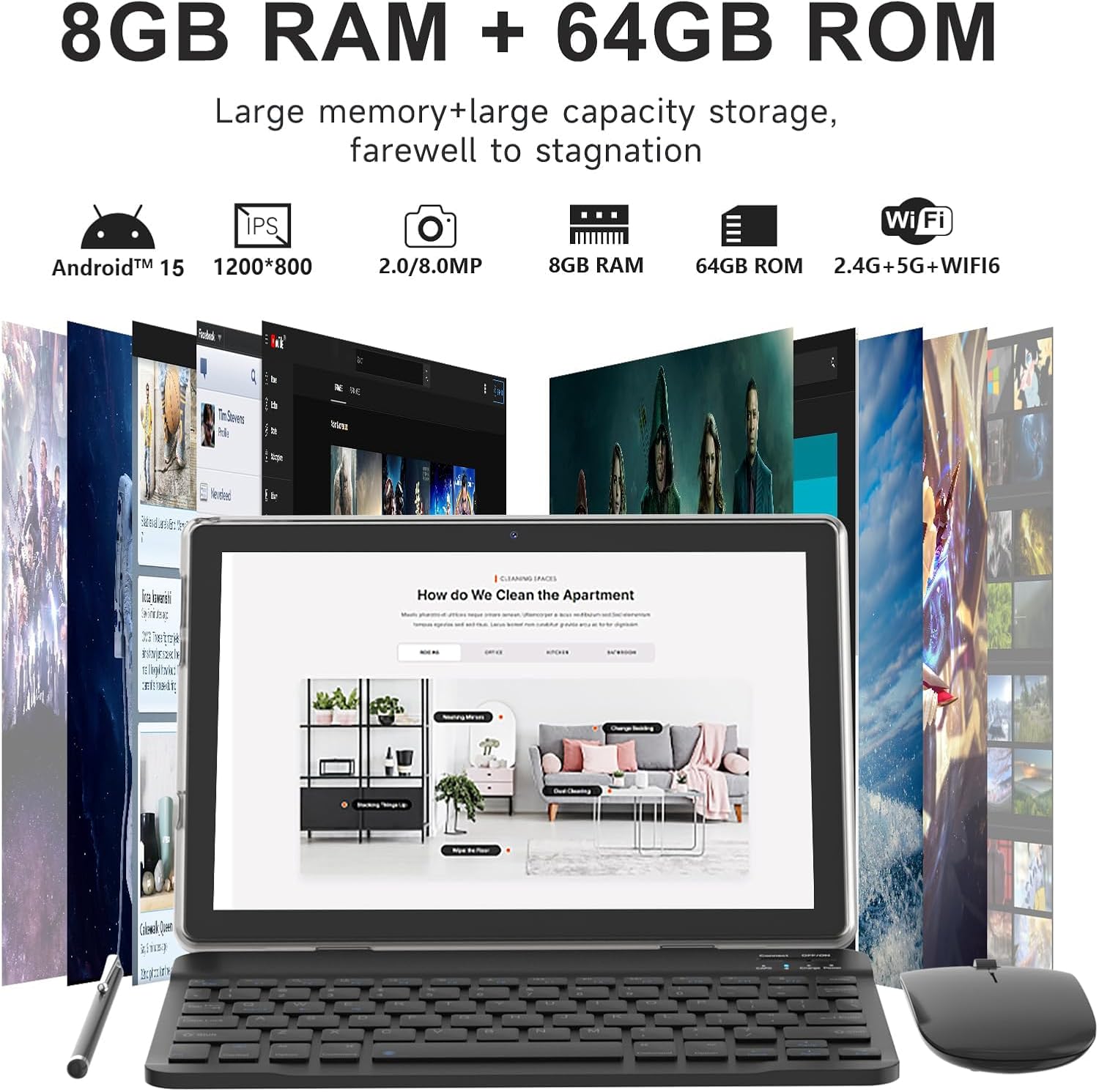 tablet 2 en 1 de 10 pulgadas Android 15 tabletas con teclado 64 GB ROM 8 GB RAM Soporte de expansión de 1 TB tablet de 10.1 pulgadas incluye funda para mouse Stylus Tab 8MP+2MP cámaras 6000mAh batería