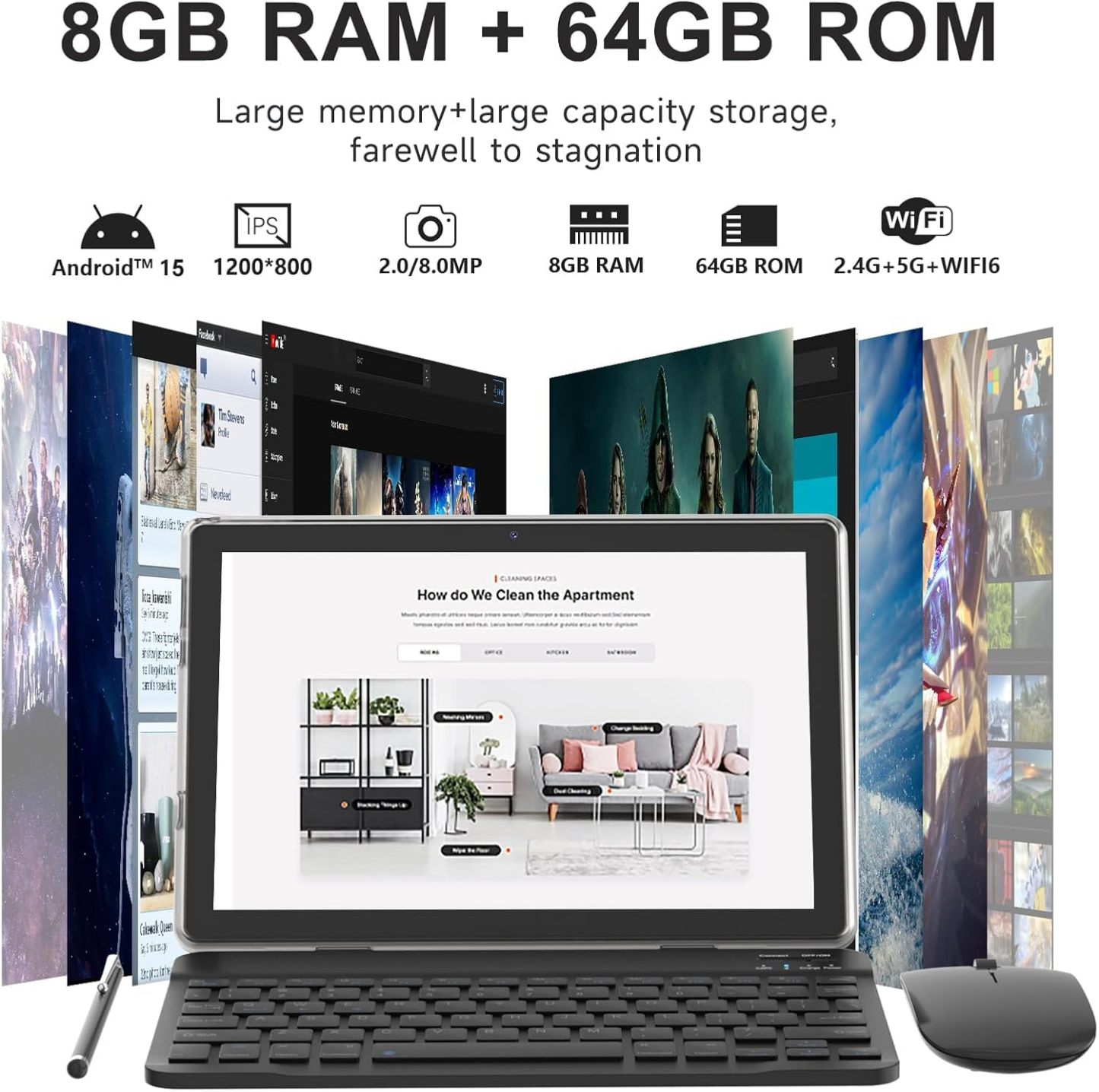 tablet 2 en 1 de 10 pulgadas Android 15 tabletas con teclado 64 GB ROM 8 GB RAM Soporte de expansión de 1 TB tablet de 10.1 pulgadas incluye funda para mouse Stylus Tab 8MP+2MP cámaras 6000mAh batería
