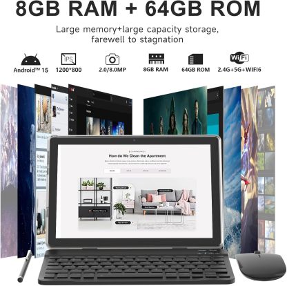 tablet 2 en 1 de 10 pulgadas Android 15 tabletas con teclado 64 GB ROM 8 GB RAM Soporte de expansión de 1 TB tablet de 10.1 pulgadas incluye funda para mouse Stylus Tab 8MP+2MP cámaras 6000mAh batería