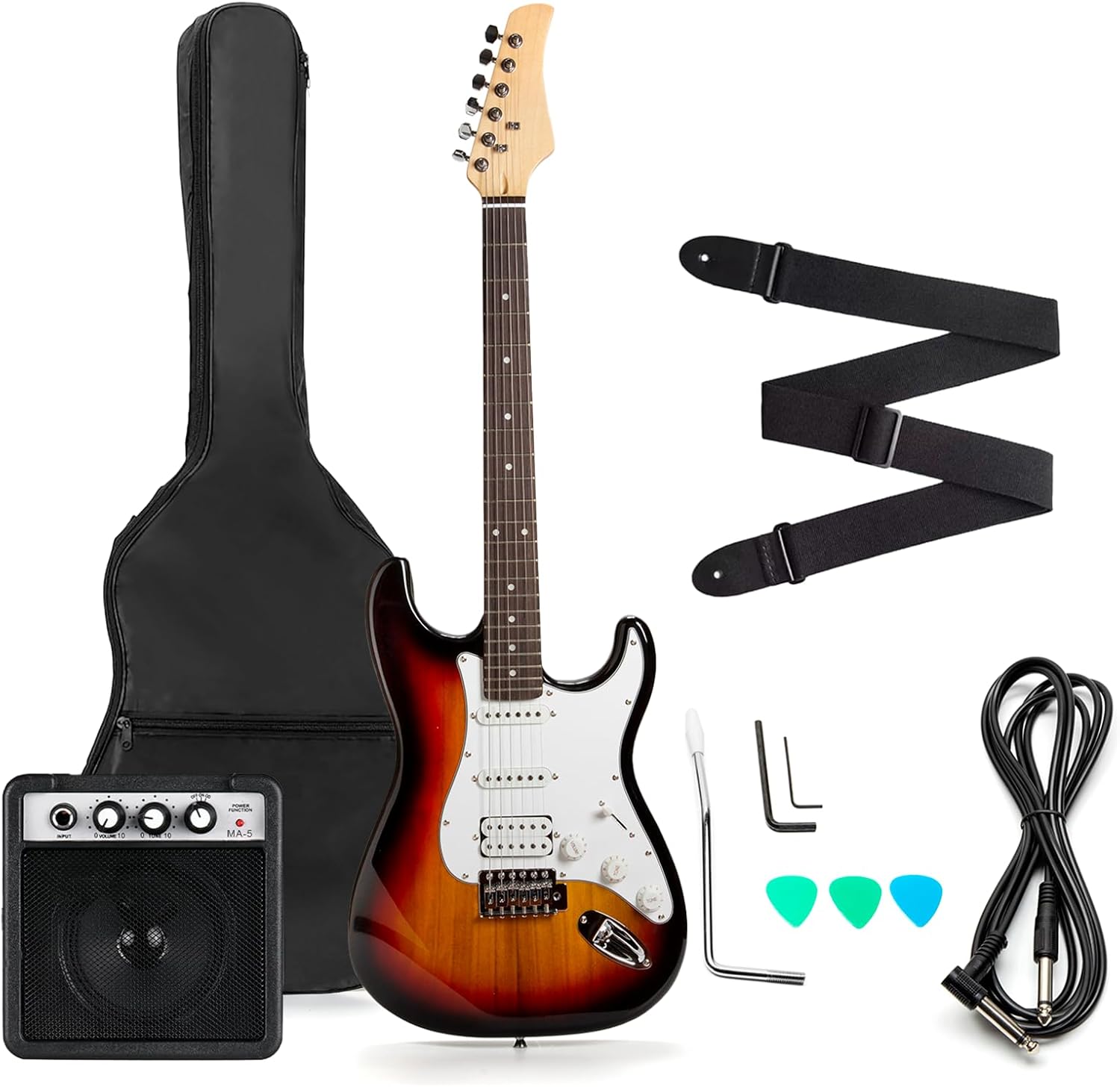 FEMMTO Guitarra Eléctrica con Amplificador 5w + Bolso + Puas (Blanco)