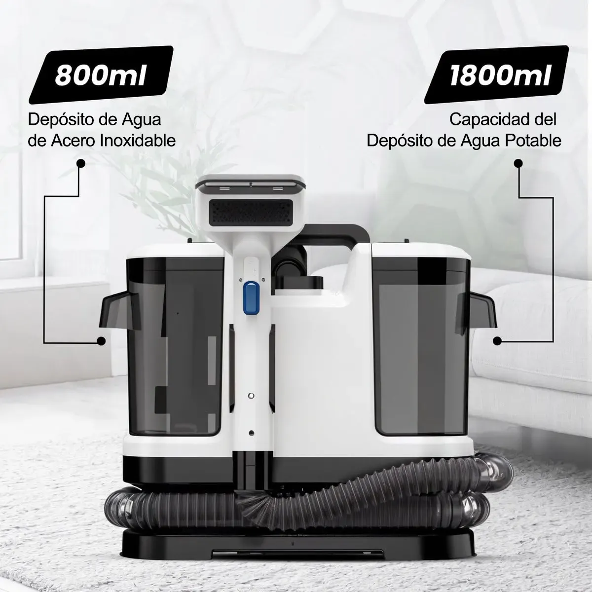 Aspiradora Lava Alfombra Tapicería De Inyección Succión 600w 18000pa, Máquina De Limpieza De Telas Para Sofá, Alfombra, Cortina Y Cama, Cepillo Profundo, Doble Tanque De Agua Blanco
