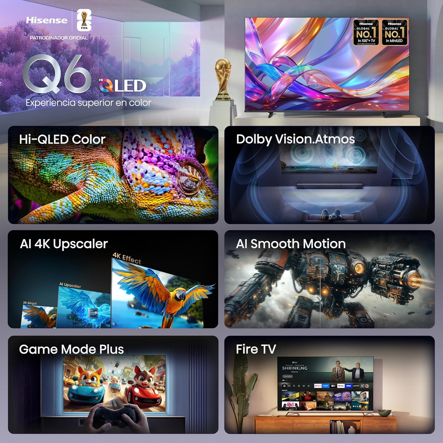 Hisense televisión QD6S Pantalla 65“ Pulgadas, QLED 4K Smart TV，AI 4K Upscaler,Dolby Vision·Atmos，Modo de Protección Ocular，Game Mode Plus，Fire TV【Patrocinador Oficial de FIFA World Cup 2026™】
