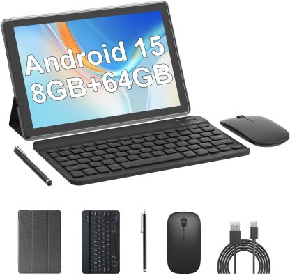 tablet 2 en 1 de 10 pulgadas Android 15 tabletas con teclado 64 GB ROM 8 GB RAM Soporte de expansión de 1 TB tablet de 10.1 pulgadas incluye funda para mouse Stylus Tab 8MP+2MP cámaras 6000mAh batería