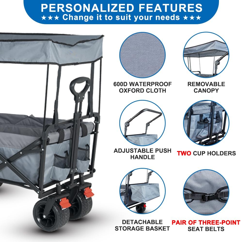SKYMANOR Carro de jardín plegable 3 en 1 con toldo para niños y carga, carriola plegable EZ ruedas todo terreno, 300 libras, 2 portavasos para cinturón de seguridad, color negro, SKYDPBB