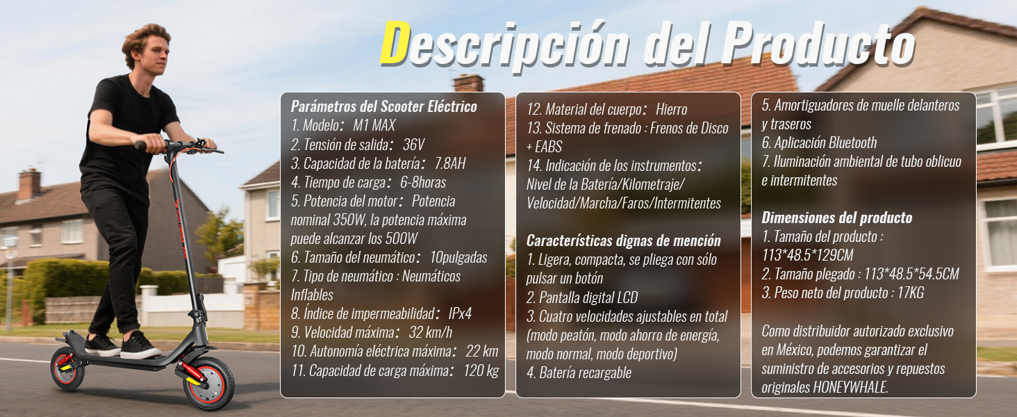 HONEYWHALE M1 MAX Scooter El&eacute;ctrico Plegable para Adultos,
