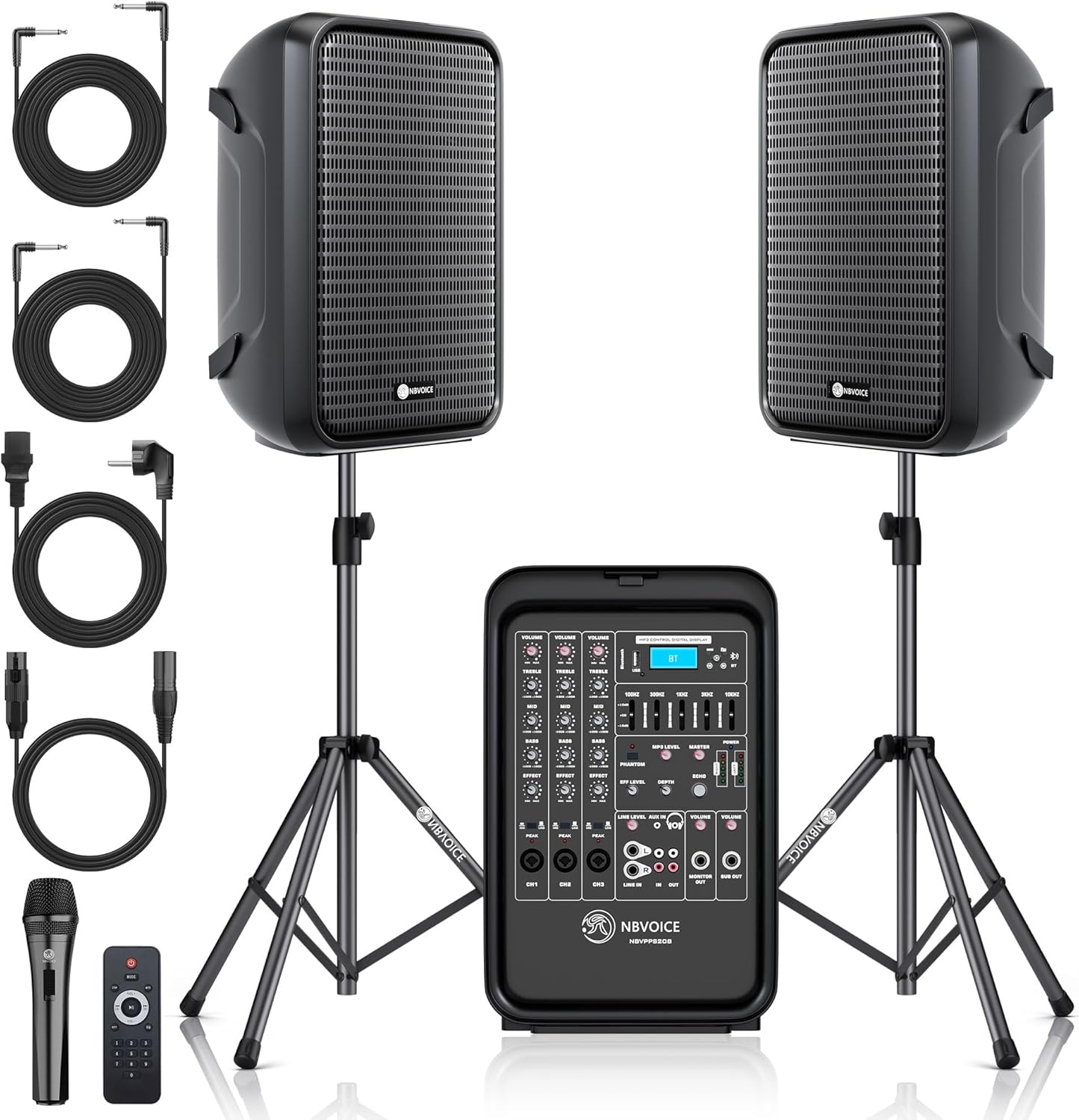 Sistema de PA de 2 vías integrado profesional portátil todo en uno, configuración fija, diseño de veliz con mezclador de 8 canales, 2 soportes de altavoces, Bluetooth, micrófono para