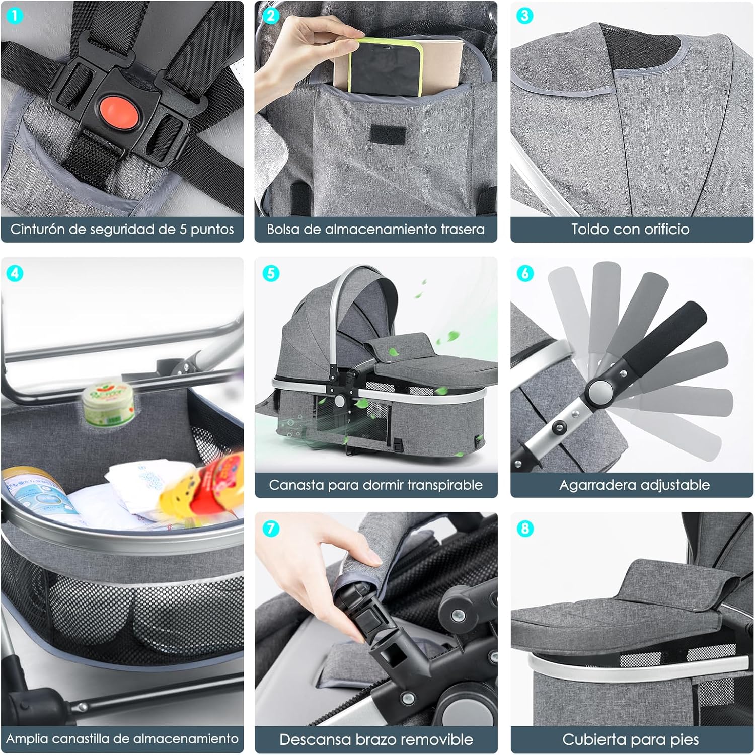 NOVANGUA Carriola para Bebé con Diseño de Amplia Vista, Llantas de Caucho a Prueba de Explosiones, Sistema de Amortiguadores Atenuantes, Asiento con Dirección Ajustable, Reclinable Multi Posición, Toldo Protector Solar, Ventana de Ventilación, Estructura