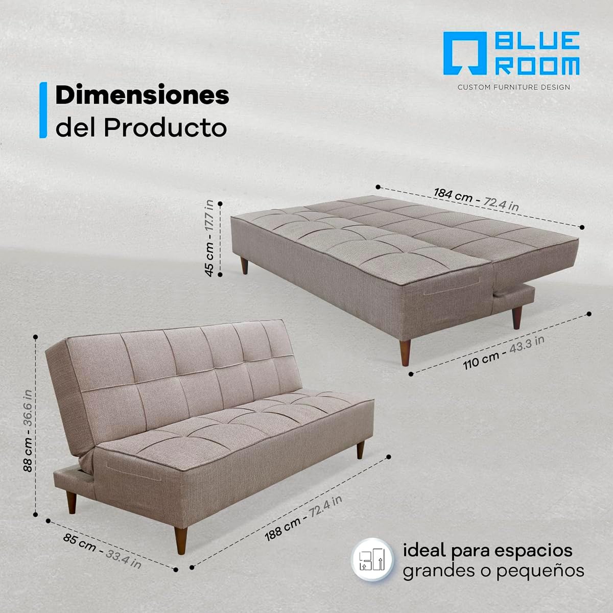 Blue Room Sofá Cama Matrimonial o Futón Reclinable Respaldo Abatible Color Beige Diseño Moderno Patas de Madera 188x88x80