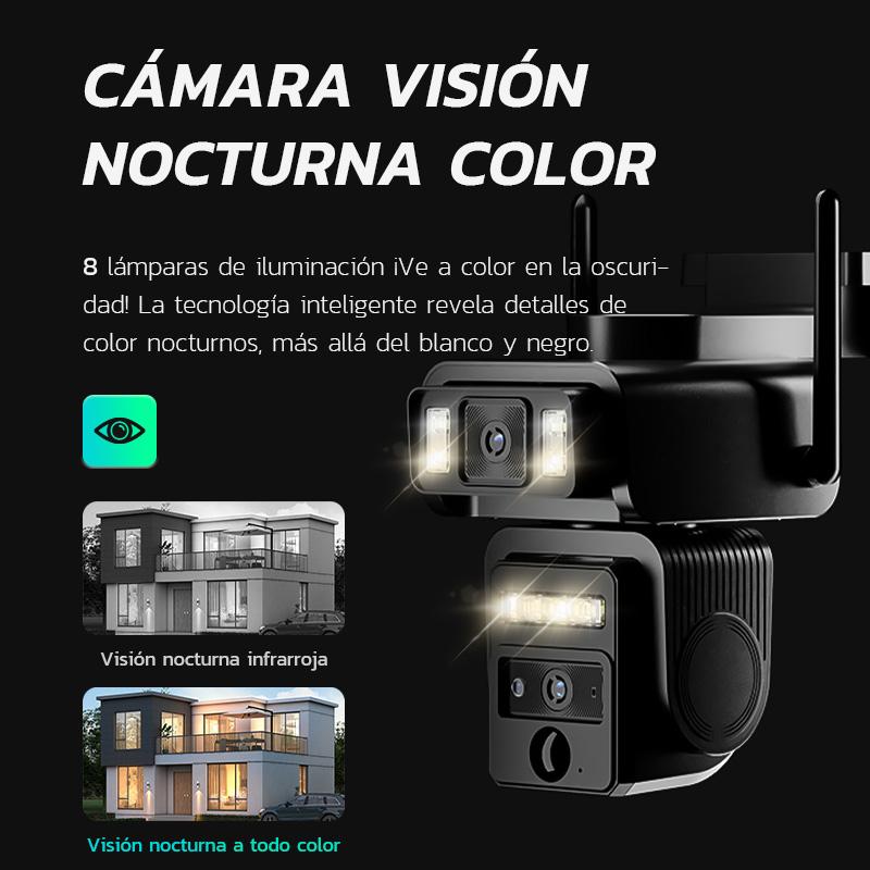 Cámara WiFi de Seguridad Solar Exterior con Lente Dual y Batería 8000mAh - Modelo AJ19-WiFi, 8MP Ultra HD, 360° Panorámica, Visión Nocturna a Color, Alarma Sonora, Comunicación Bidireccional, Sin Mensualidad (Tarjeta SD/Gratis 7 Días), IP66, Fácil Instala