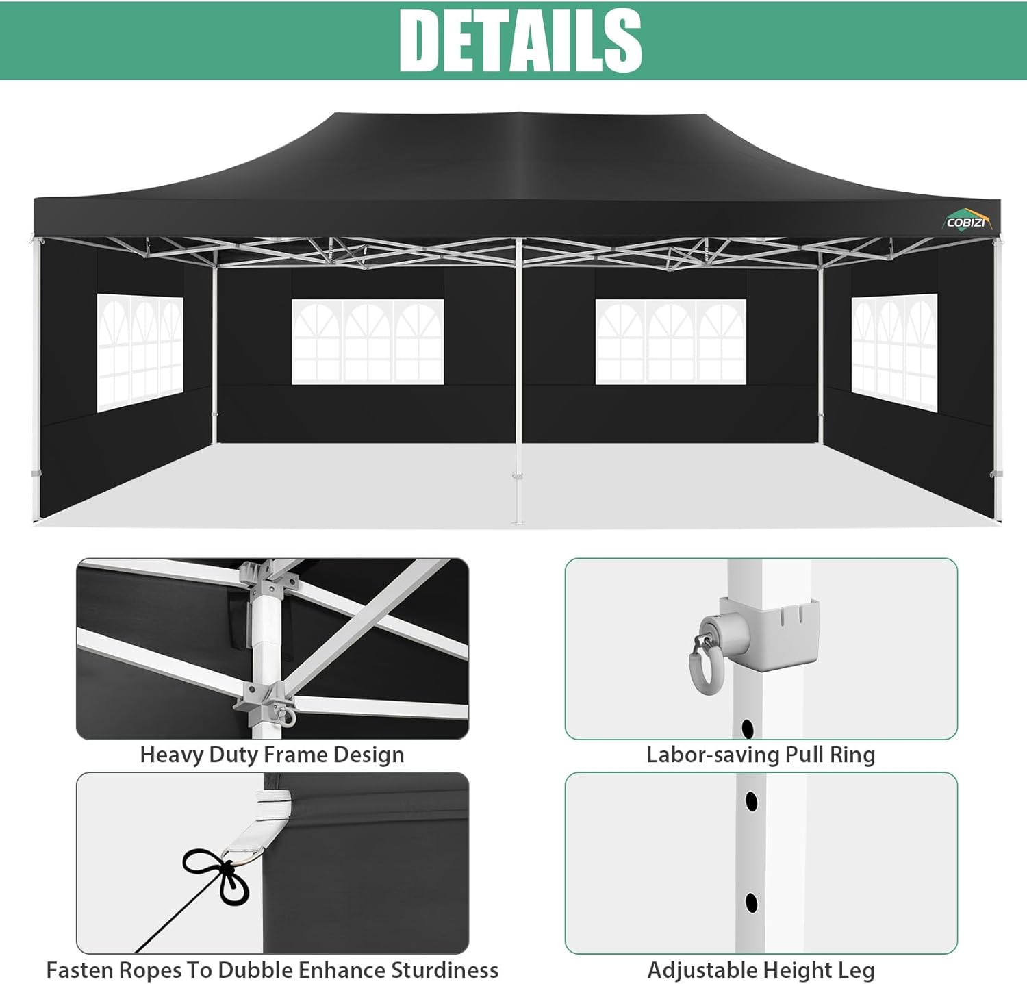 COBIZI - Toldo desplegable de 10 x 20 Pulgadas con 6 Paredes Laterales, toldo Impermeable para Eventos al Aire última intervensión, UPF 50+ cenador portátil para Fiestas, Playa, Camping, Boda,