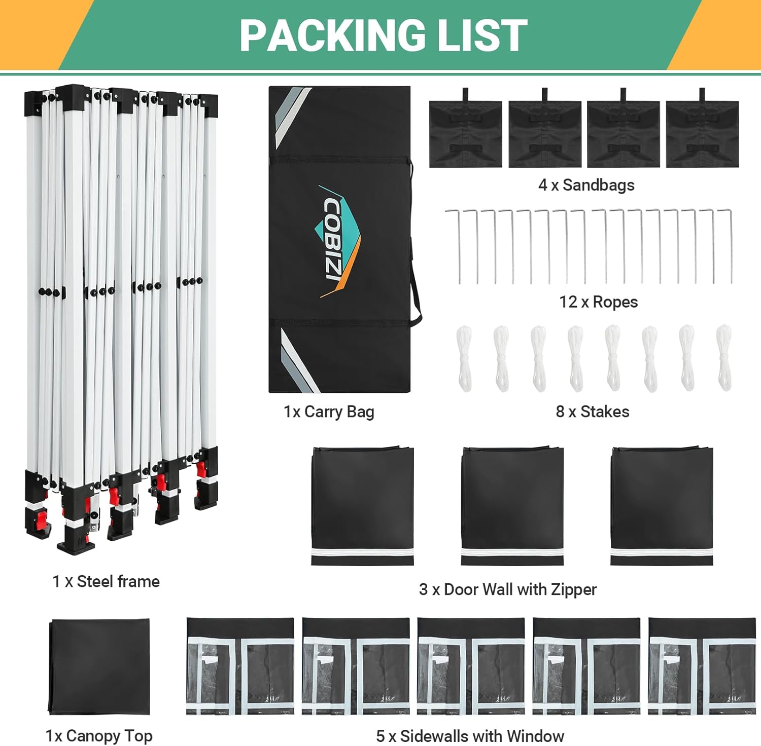 COBIZI - Toldo desplegable de 10 x 20 Pulgadas con 6 Paredes Laterales, toldo Impermeable para Eventos al Aire última intervensión, UPF 50+ cenador portátil para Fiestas, Playa, Camping, Boda,